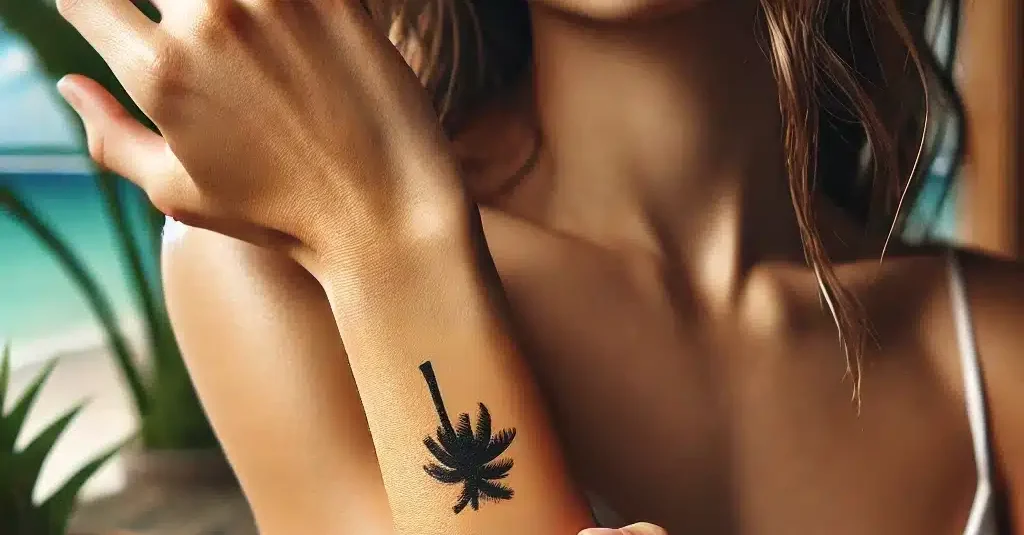 a woman with a palm tree tattoo on forearm